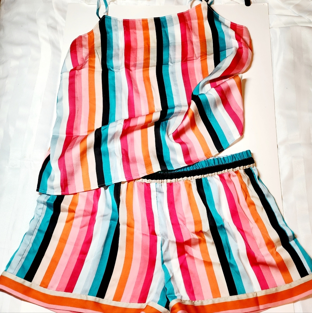 INC Shorty Pajama Lounge Set Satin Stripe Size L